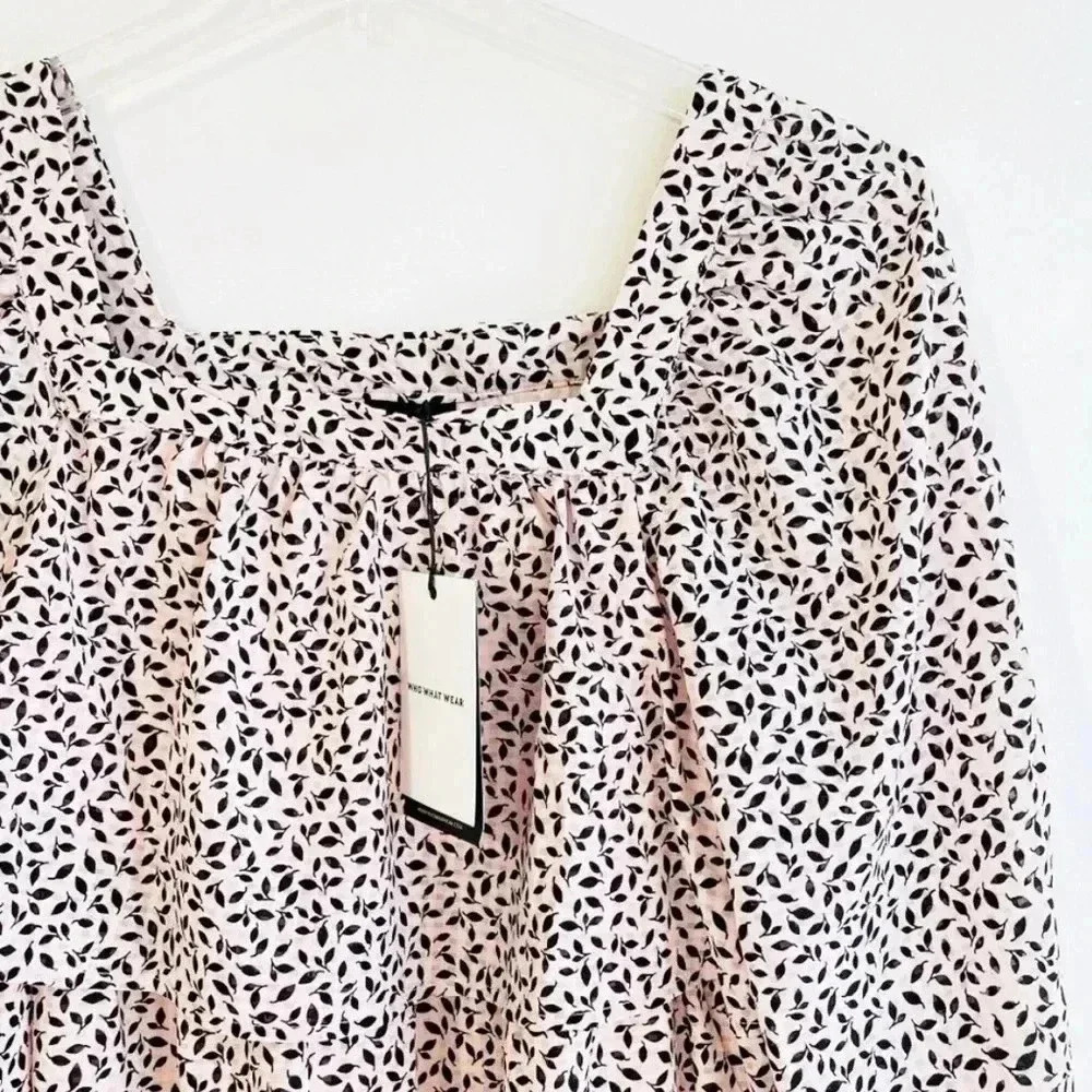 Who What Wear Mini Bishop Dress NWT Size Small Light Baby Pink Black Leaf Print - Picture 4 of 10